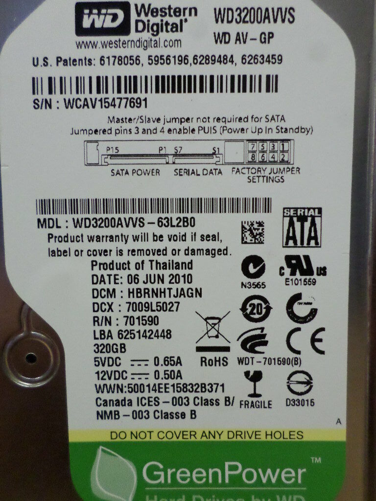 Western Digital WD3200AVVS 320GB 8MB Cache SATA2 (3.0Gb/s) 3.5" Hard Drive HDD