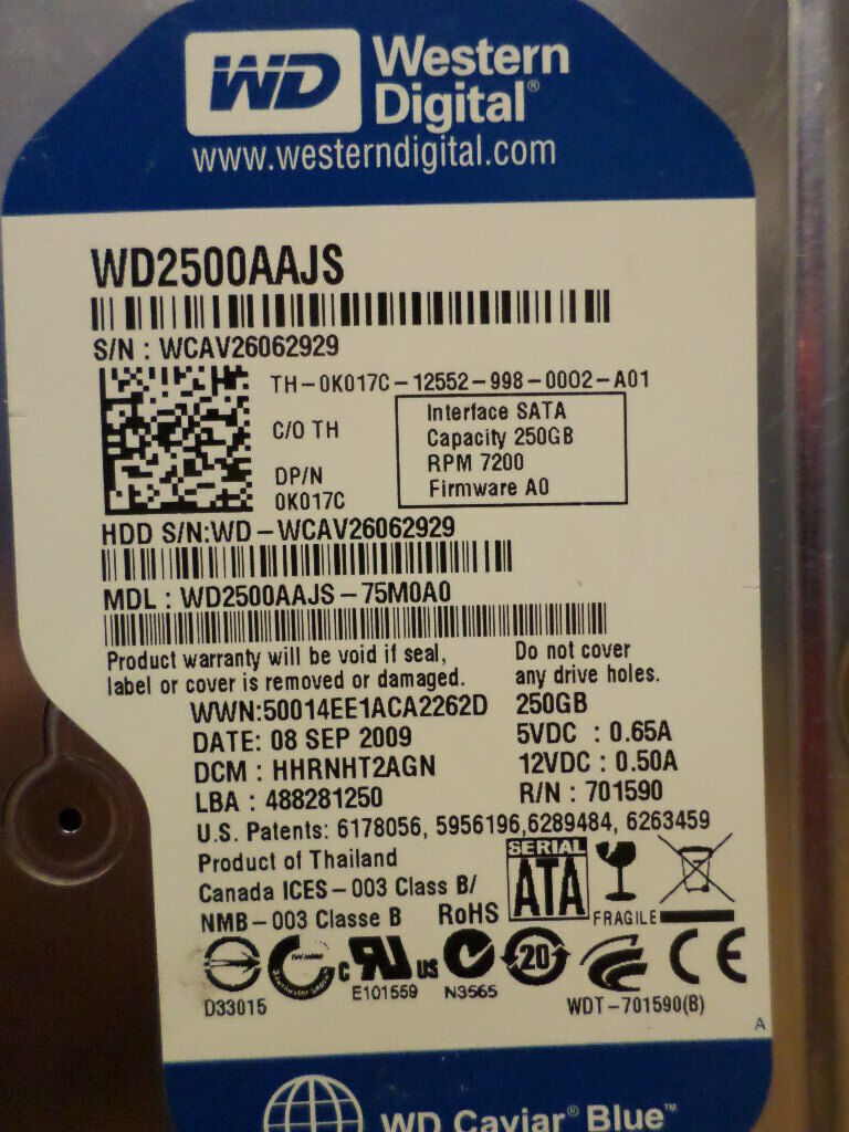 Western Digital WD2500AAJS 250GB 7.2K 3Gb/s 8MB 3.5" SATA Hard Drive
