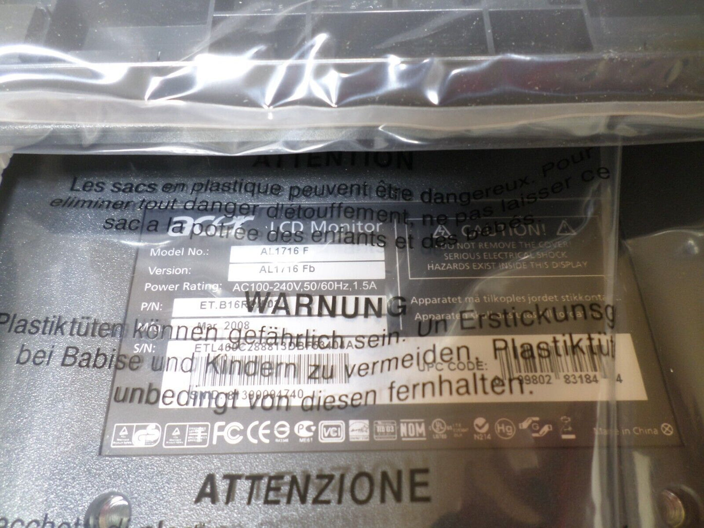 Acer AL1716 Bbd 17" LCD Black Monitor New In Original Box