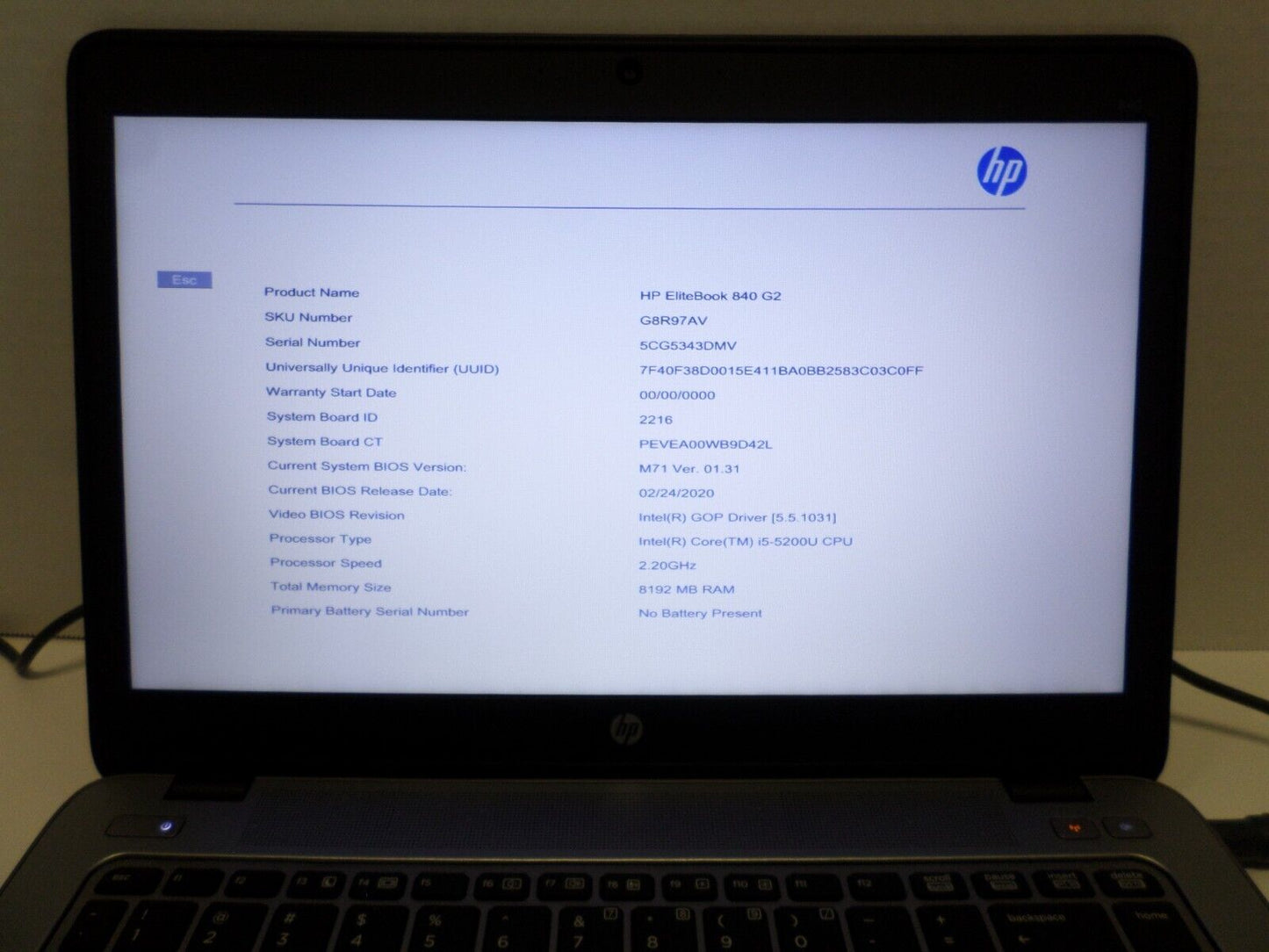 HP Elitebook 840 G2 i5-5200U 2.2GHz 8GB RAM No Battery/No HDD