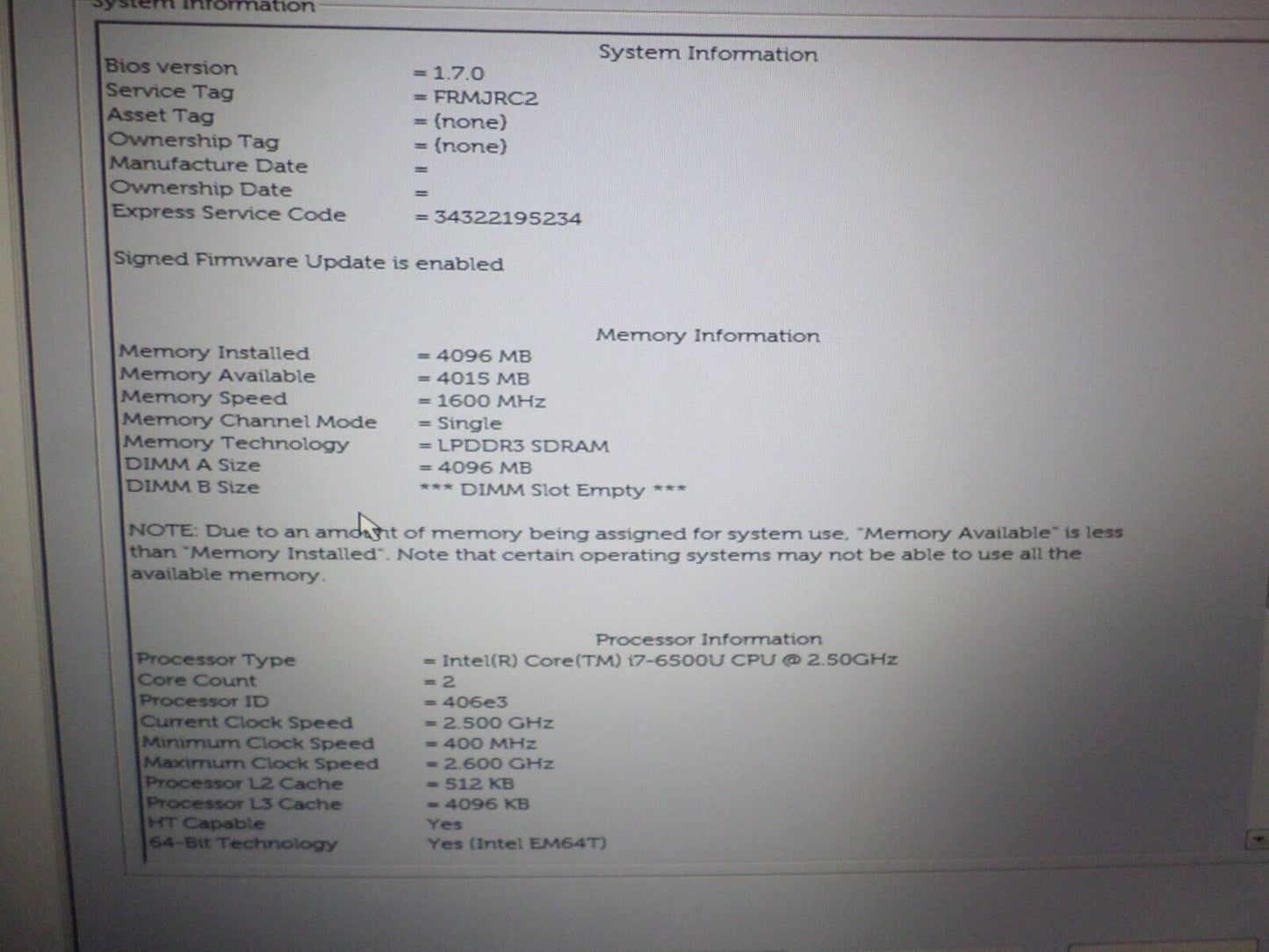 Dell Inspiron 5559 Intel Core i7-6500U 2.50GHz 4GB RAM No HDD