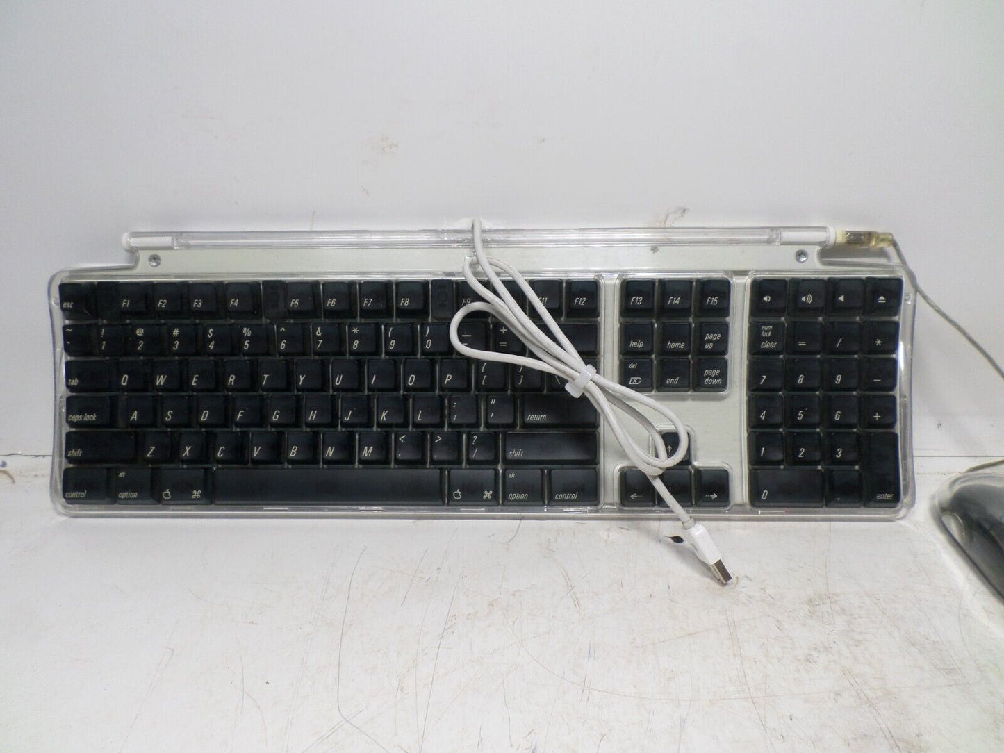 VINTAGE Apple Pro Keyboard Model M7803 Black Keys Clear Cover & Puck Mouse M4848
