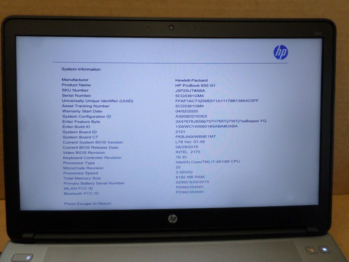 HP ProBook 650 G1 - Intel i7-4610M 3GHz 8Gb Ram 500GB HDD