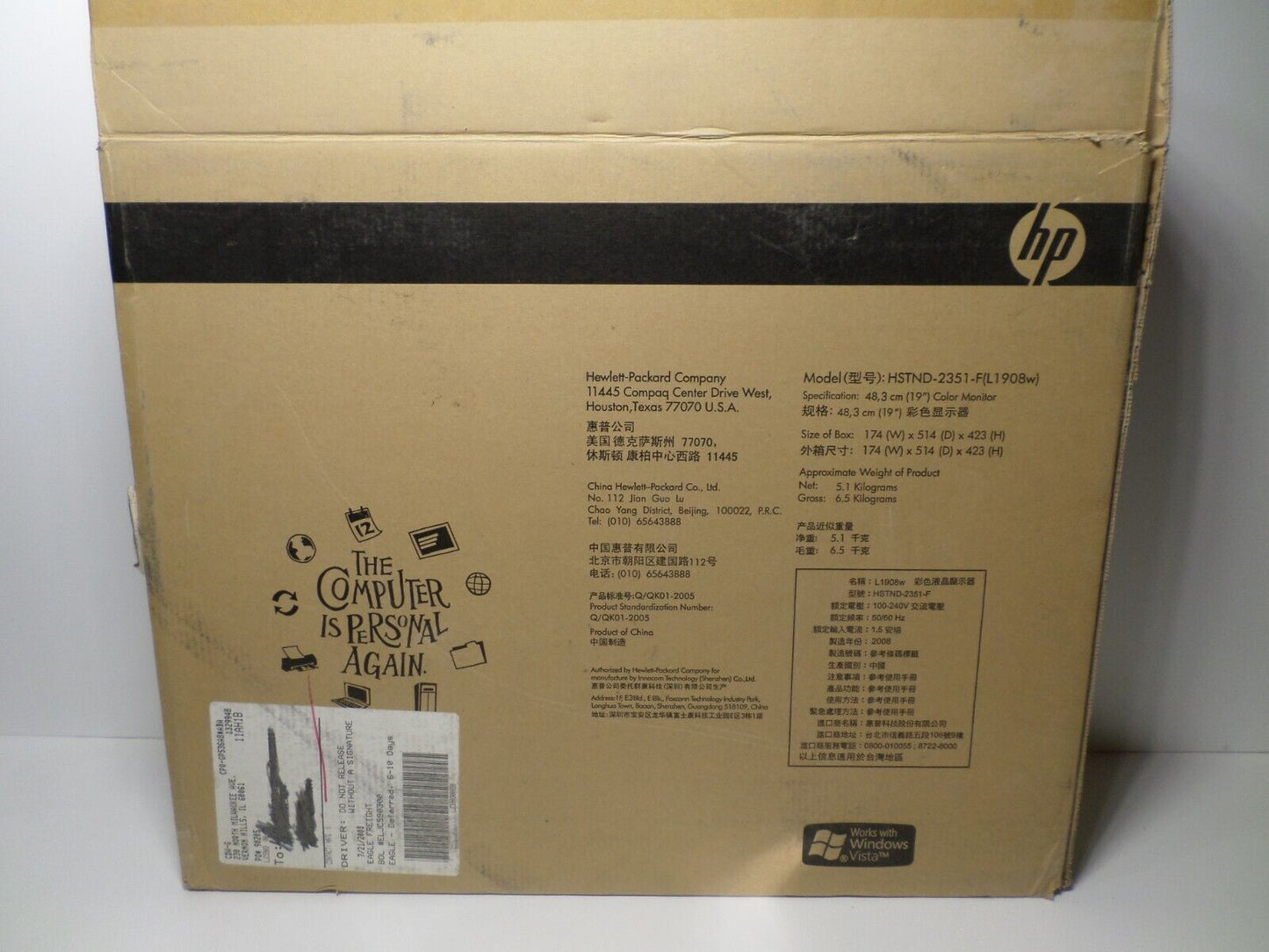 Genuine New Open Box HP Color Monitor Model HSTND-2351-F 19" Color Monitor L1908