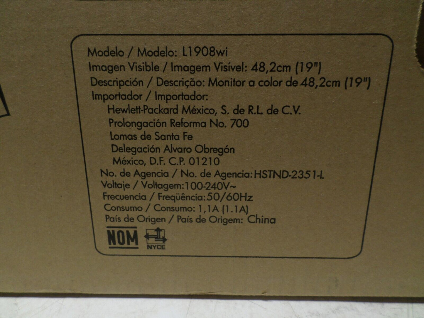 HP Hewlett Packard 19 Inch Color Monitor(L1908WI)HP HSTND-2351-L