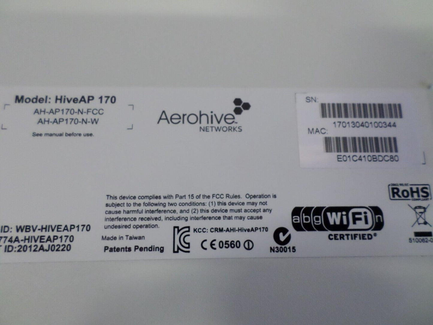 Complete Aerohive HiveAP 170 300Mbps Wireless Access Point (WAP) w/ POE Midspan