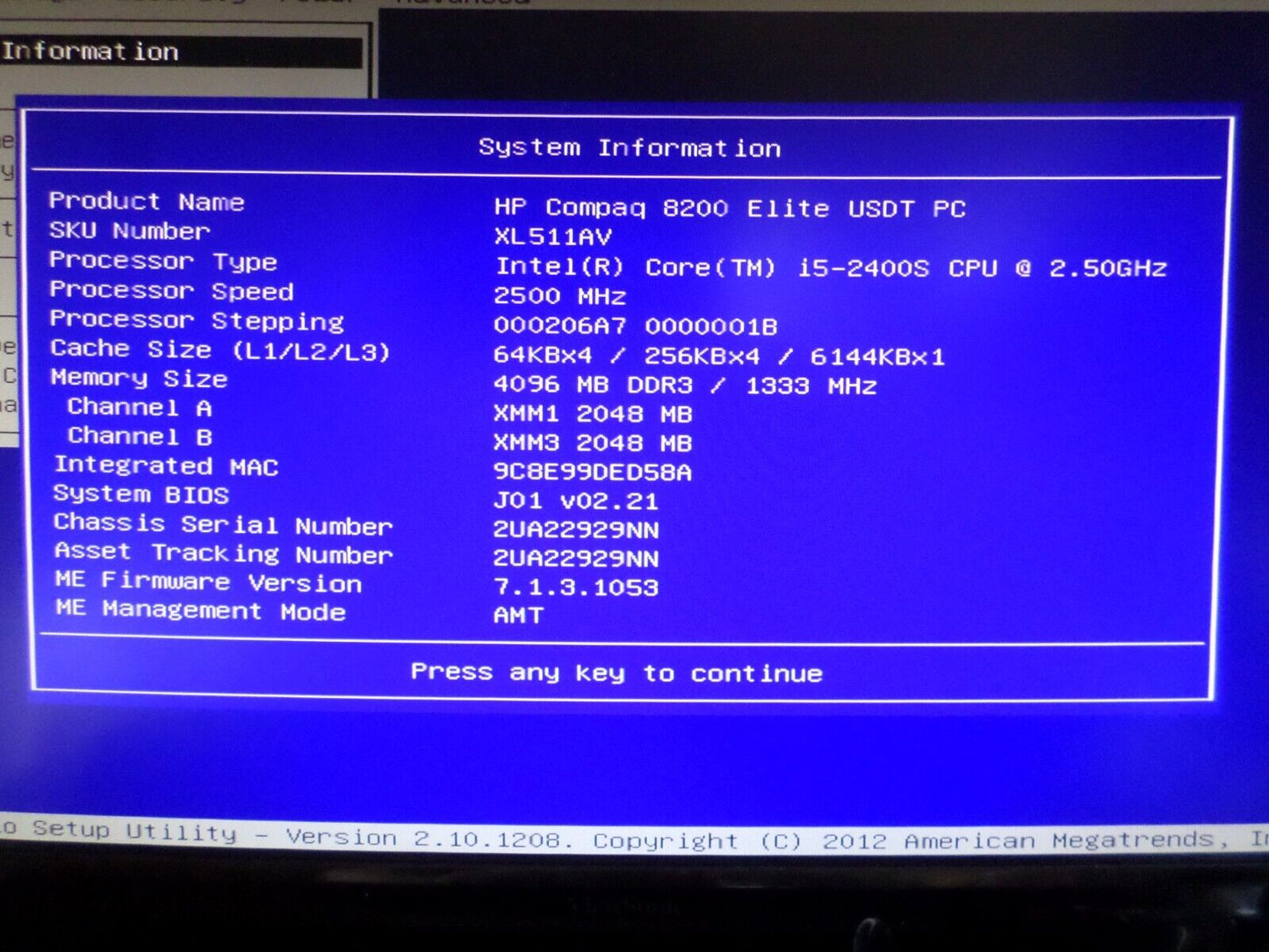 HP 8200 Elite USDT Intel Core i5-2400S 2.5GHz CPU 4GB RAM 320GB HDD NO OS