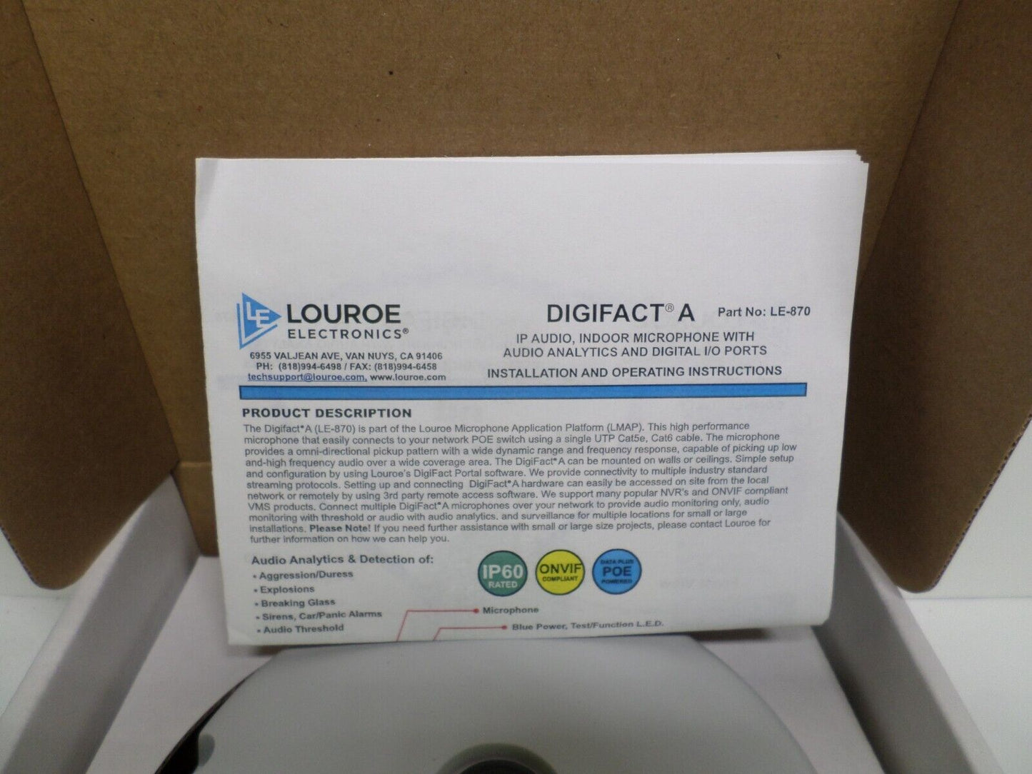 Louroe The Digifact (LE-870) is a one-way ceiling mounted IP Network Microphone