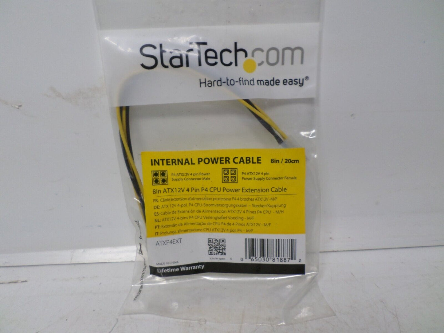 StarTech ATXP4EXT 8in (8") ATX12V 4 Pin P4 CPU Power Extension Cable Male Female