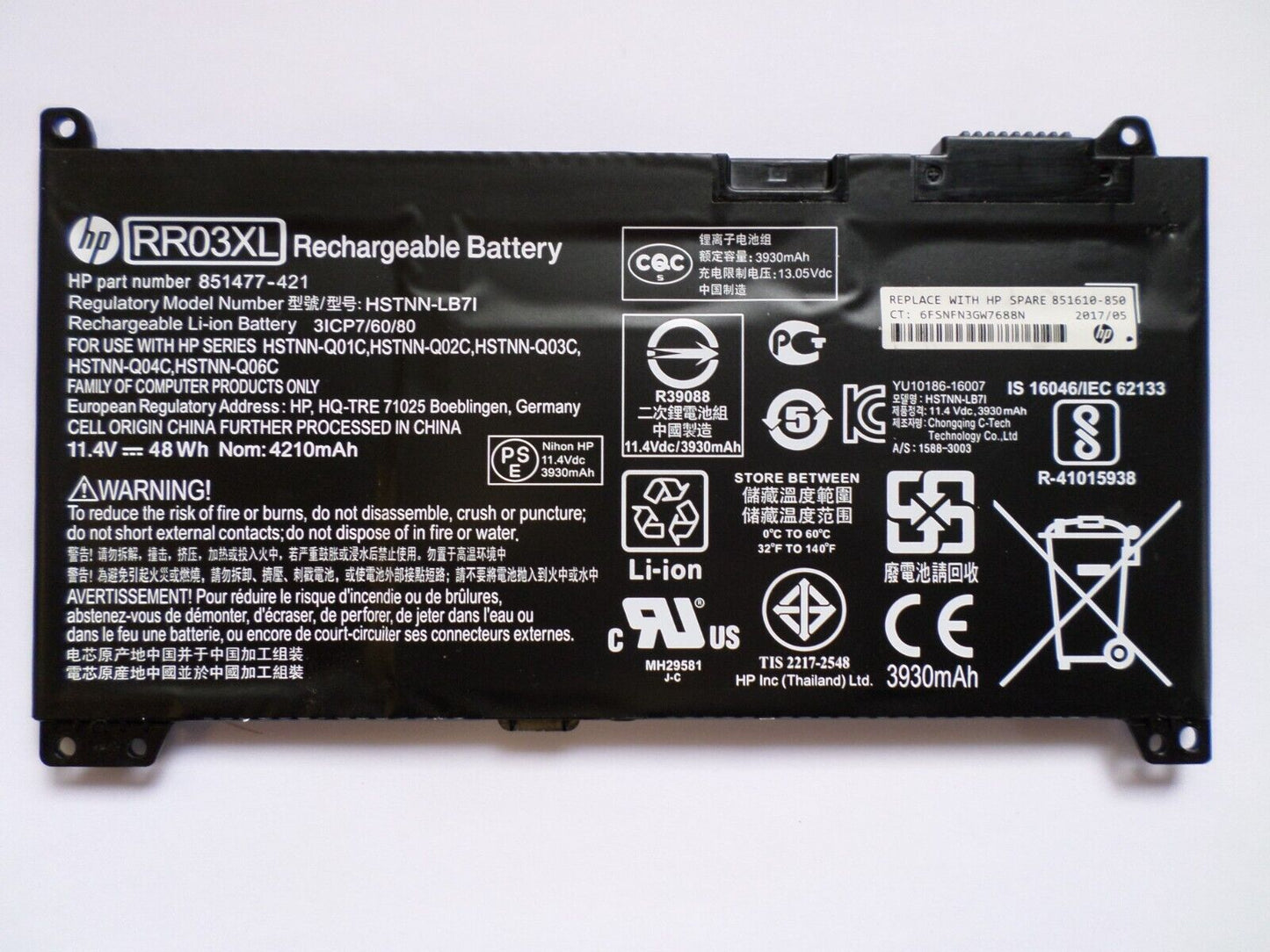 OEM HP ProBook 450 G4 BATTERY 11.4V 48Wh 4000mAh RR03XL HSTNN-UB7C 851610-850