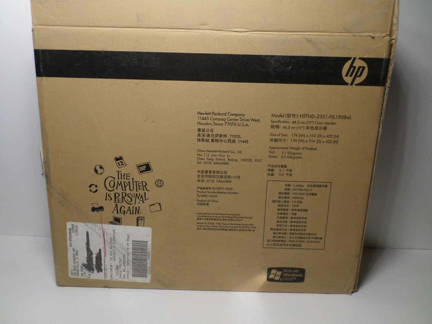 Genuine New Open Box HP Color Monitor Model HSTND-2351-F 19" Color Monitor L1908