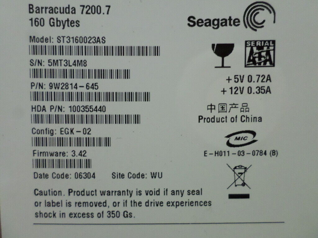 Seagate BarraCuda 7200.7 160GB 7200 RPM 3.5 Hard Drive Bare Drive ST3160023AS