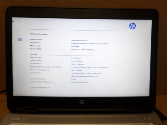 HP ProBook 640 G3 Intel 17-7600U 2.80Ghz 4Gb RAM No HDD/SSD No OS/Battery/DVD