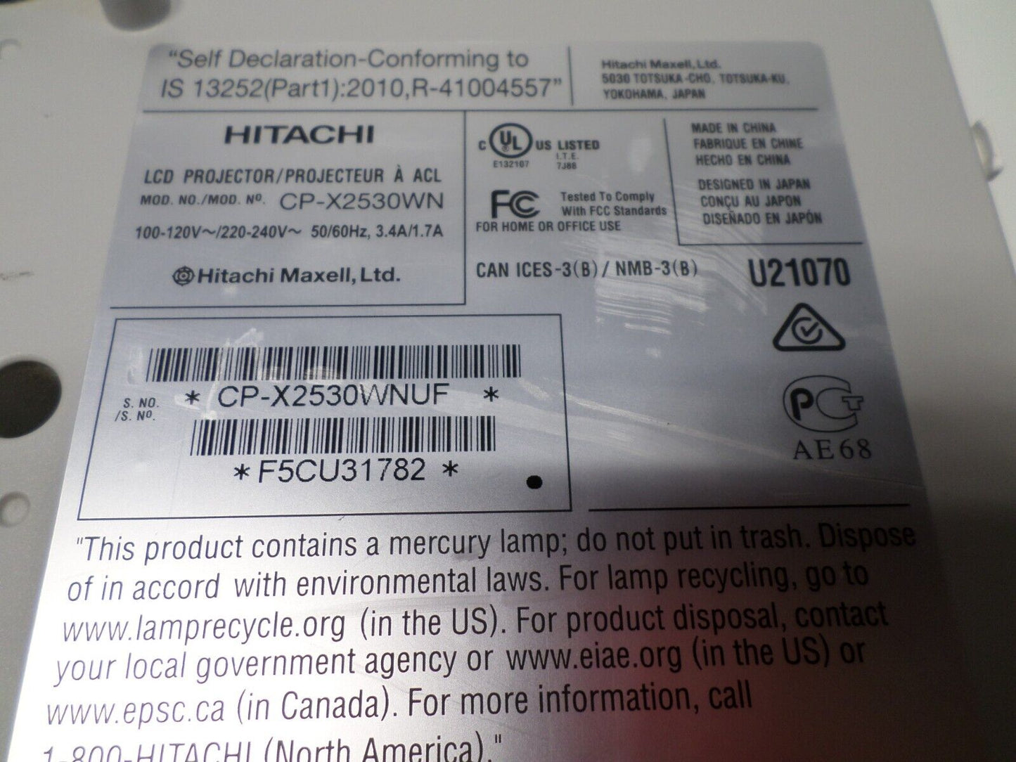 Hitachi CP-X2530WN 3LCD 2700 Lumens Projector between 200-550 Lamp Hours TESTED