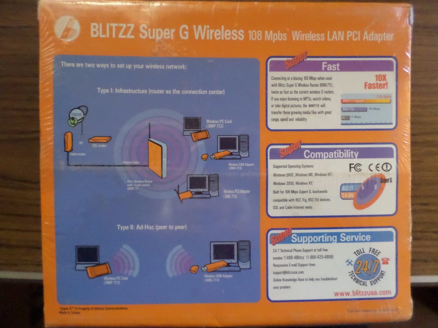 Blitzz Super G Wireless PCI Adapter 10X Speed/PCI 2.2/802.11g/2.4ghz  BWI715