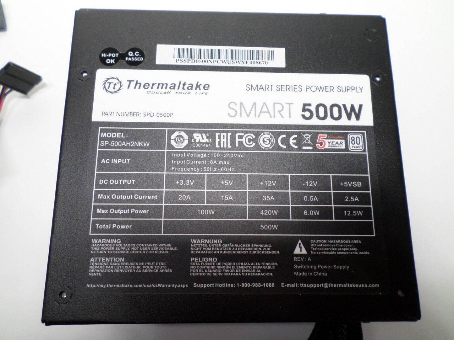 Thermaltake Smart Power PSU 500W 80+ Power Supply SP-500AH2NKW Tested & Working